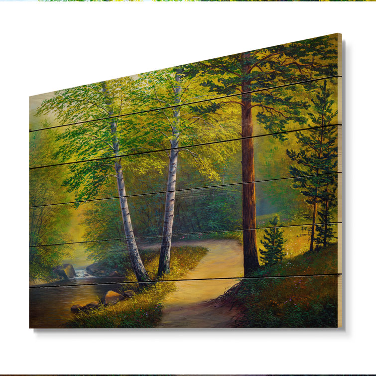 Millwood Pines Forest Scenery On Summer River Iii On Wood Print